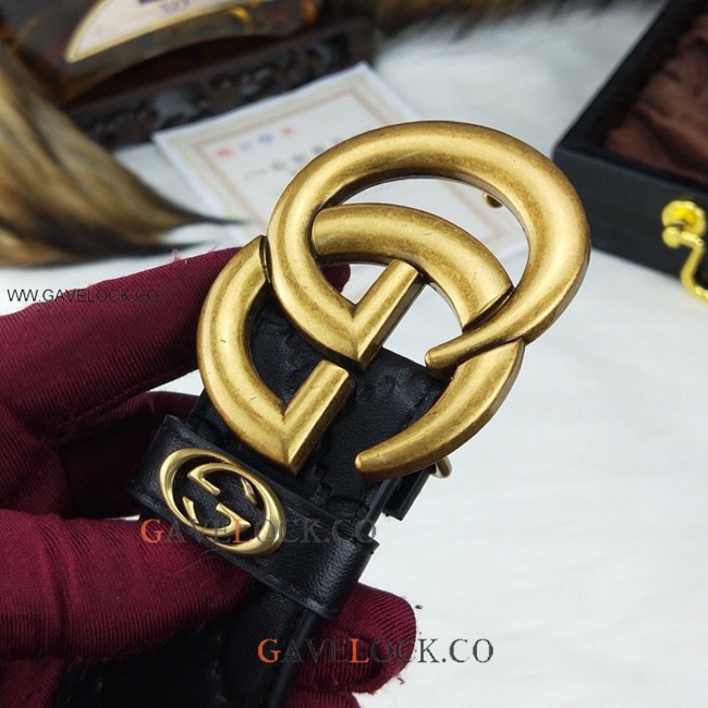 Gucci Black Leather Belt with Double G Gold Buckle